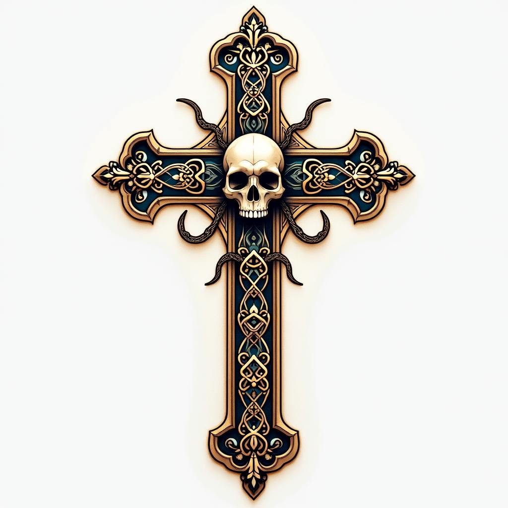 Cross adorned with bones skull in the middle with golden chains.in dotwork style tattoo, complex mandala patterns, interlocking geometric shapes with sharp symmetry, clean lines, sharp angles - Variation 3