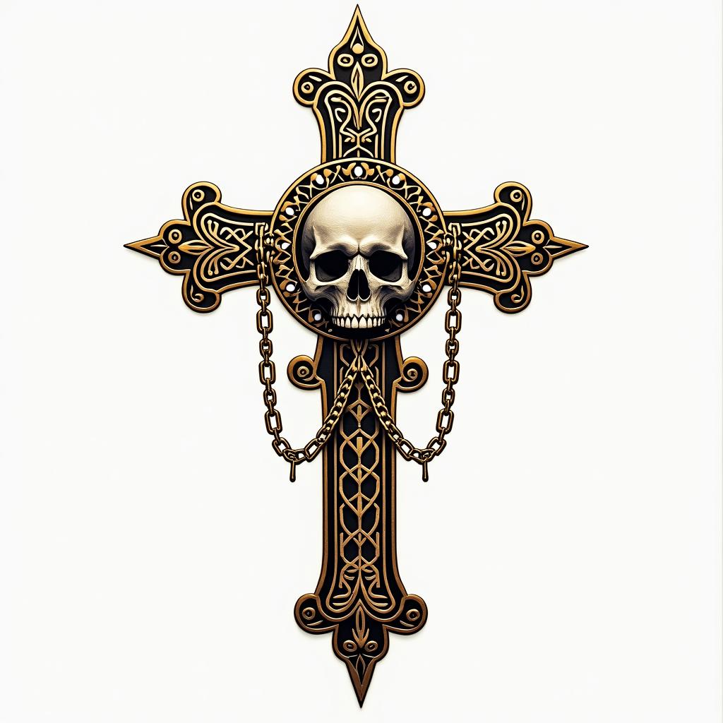 Cross adorned with bones skull in the middle with golden chains.in dotwork style tattoo, complex mandala patterns, interlocking geometric shapes with sharp symmetry, clean lines, sharp angles - Variation 4