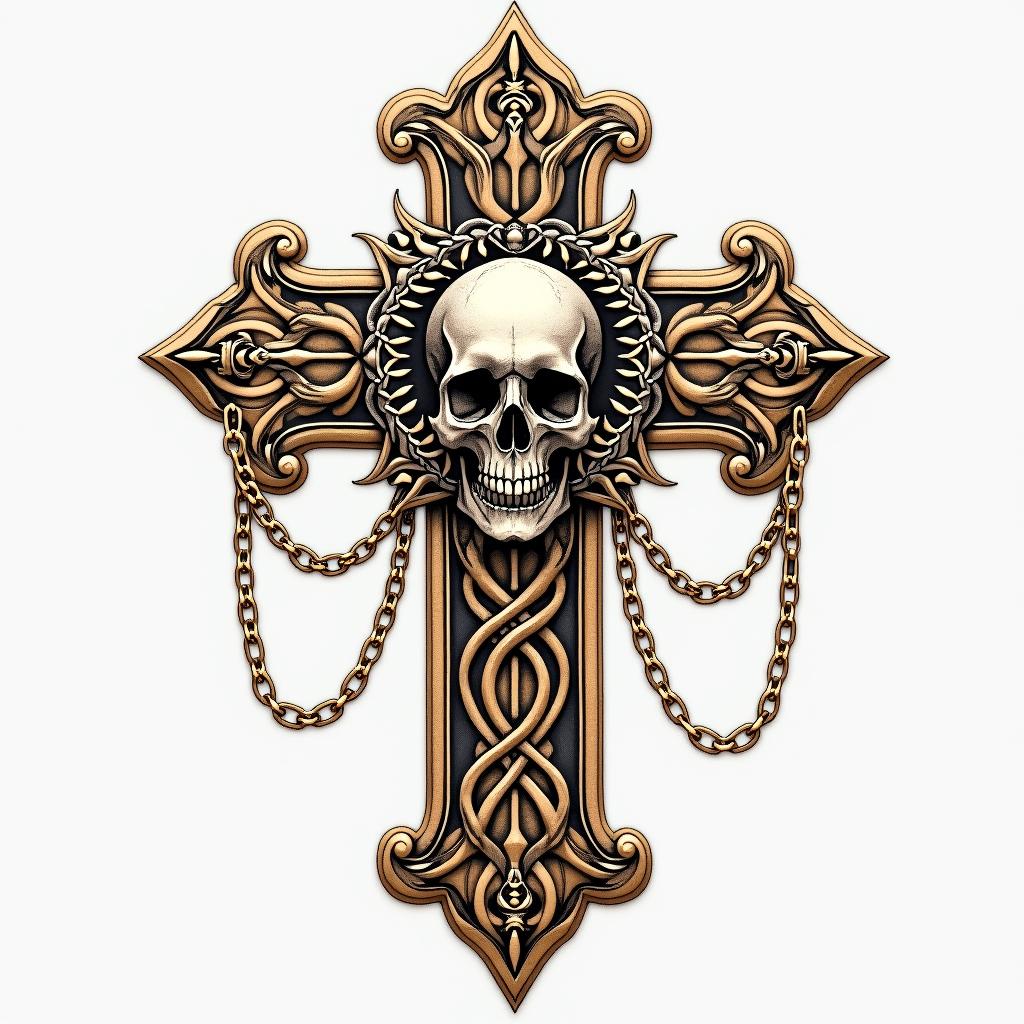 Cross adorned with bones skull in the middle with golden chains.in dotwork style tattoo, complex mandala patterns, interlocking geometric shapes with sharp symmetry, clean lines, sharp angles - Variation 2