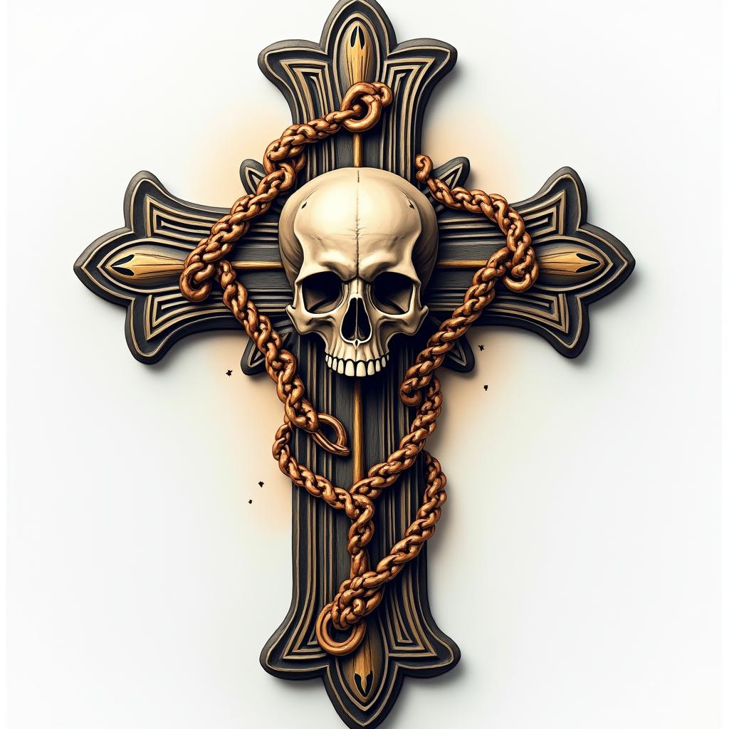 Cross decorated with bones skull in the middle with golden chainsin realism tattoo style, featuring a highly detailed, lifelike, capturing every detail, photorealistic, ultra realistic, intricate shading, smooth and sharp,   - Variation 3