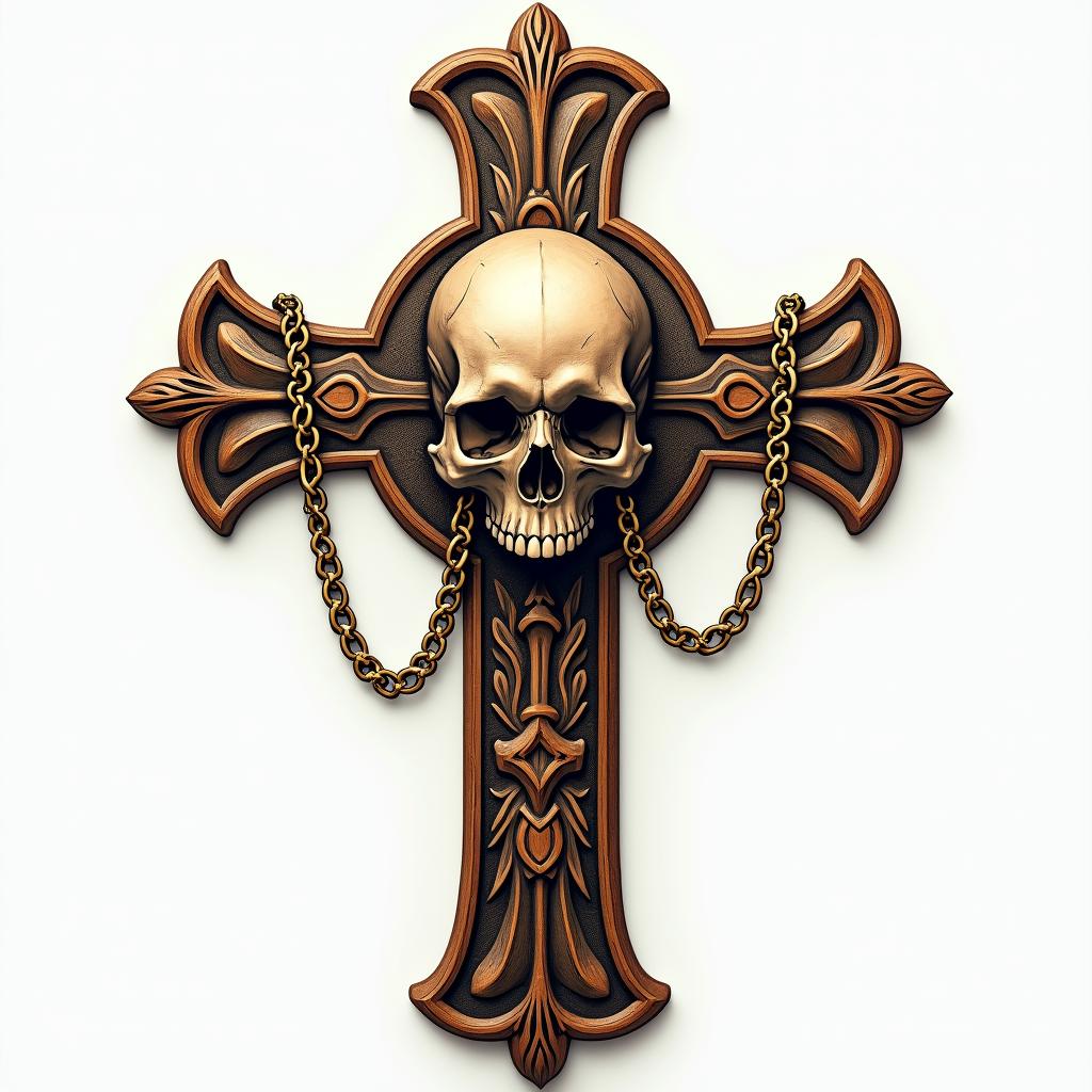 Cross decorated with bones skull in the middle with golden chainsin realism tattoo style, featuring a highly detailed, lifelike, capturing every detail, photorealistic, ultra realistic, intricate shading, smooth and sharp,   - Variation 2