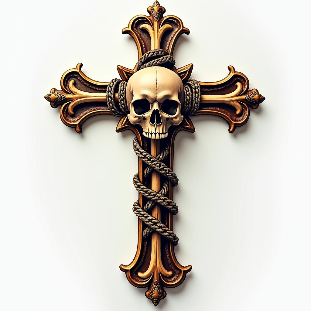 Cross decorated with bones skull in the middle with golden chainsin realism tattoo style, featuring a highly detailed, lifelike, capturing every detail, photorealistic, ultra realistic, intricate shading, smooth and sharp,  