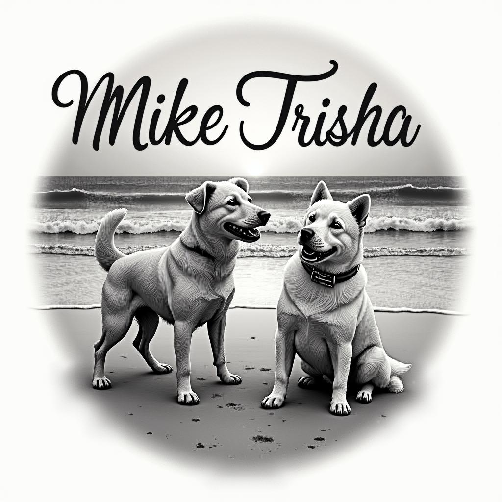 A realistic tattoo design featuring the names "Mike Trisha" beautifully integrated into a beach scene, with a playful dog in the foreground. The backdrop showcases a serene beach landscape, capturing waves gently lapping at the shore, with a sunset casting warm colors across the sky, symbolizing love and adventure shared by the couple.higly detailed tattoo - Variation 2