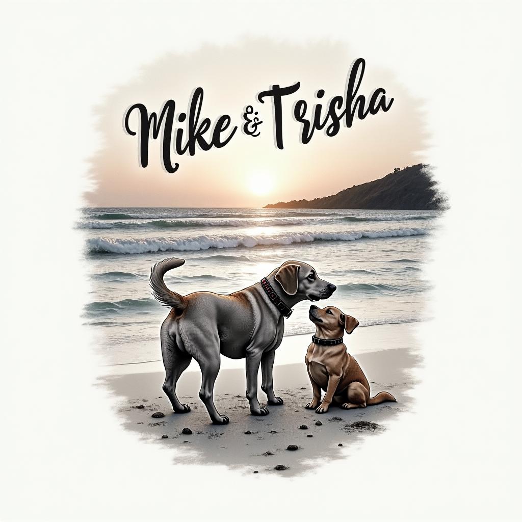 A realistic tattoo design featuring the names "Mike Trisha" beautifully integrated into a beach scene, with a playful dog in the foreground. The backdrop showcases a serene beach landscape, capturing waves gently lapping at the shore, with a sunset casting warm colors across the sky, symbolizing love and adventure shared by the couple.higly detailed tattoo