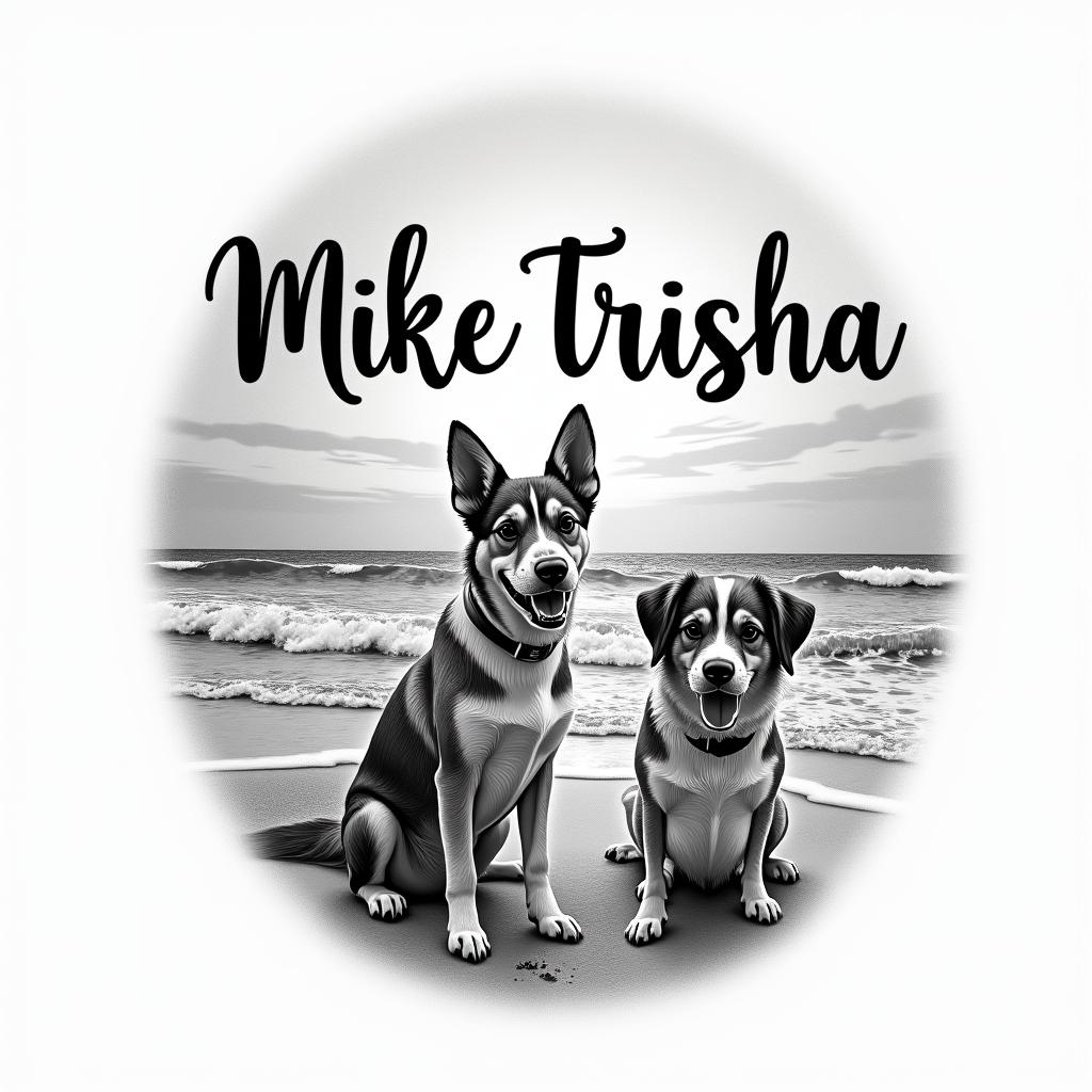 A realistic tattoo design featuring the names "Mike Trisha" beautifully integrated into a beach scene, with a playful dog in the foreground. The backdrop showcases a serene beach landscape, capturing waves gently lapping at the shore, with a sunset casting warm colors across the sky, symbolizing love and adventure shared by the couple.higly detailed tattoo - Variation 4