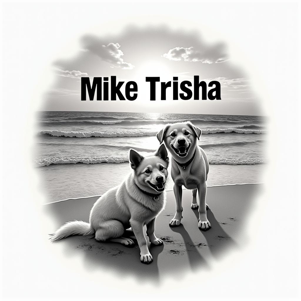 A realistic tattoo design featuring the names "Mike Trisha" beautifully integrated into a beach scene, with a playful dog in the foreground. The backdrop showcases a serene beach landscape, capturing waves gently lapping at the shore, with a sunset casting warm colors across the sky, symbolizing love and adventure shared by the couple.higly detailed tattoo - Variation 3