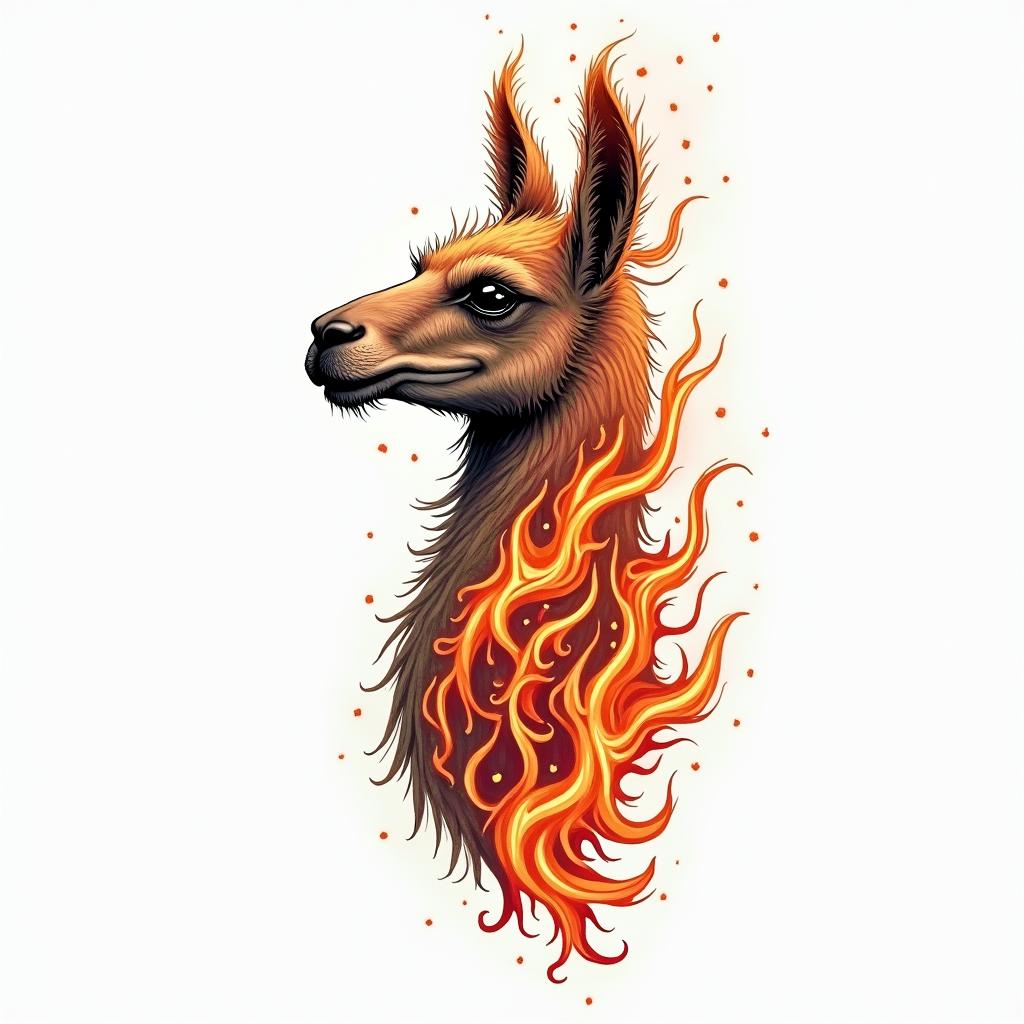 Tribal-shaped llamasin flame tattoo style showcasing fiery elements with dynamic flame patterns, glowing effect of flames, natural colors - Variation 1