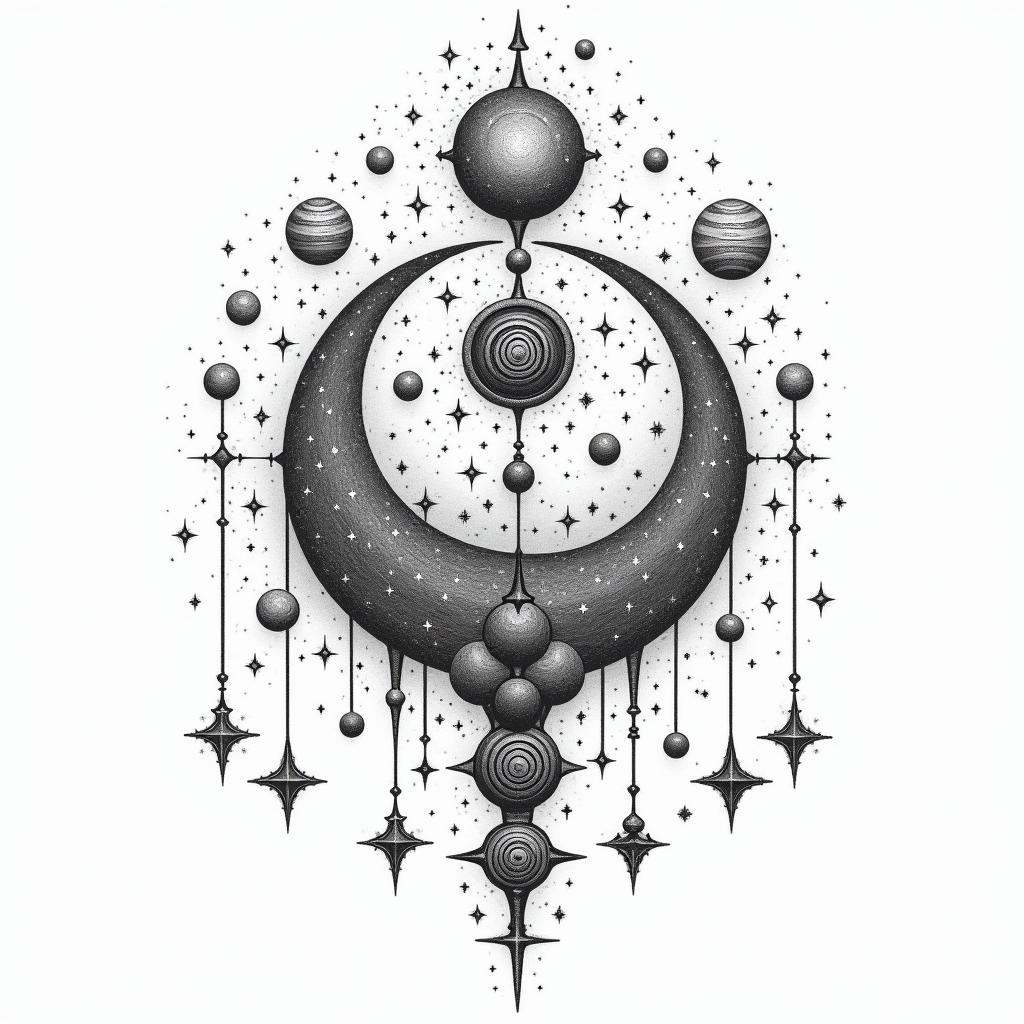 Spiral galaxy with stars and planetsin spiritual symbols tattoo style, featuring an intricate design incorporating elements, Hamsa hand, third eye, minimalist composition