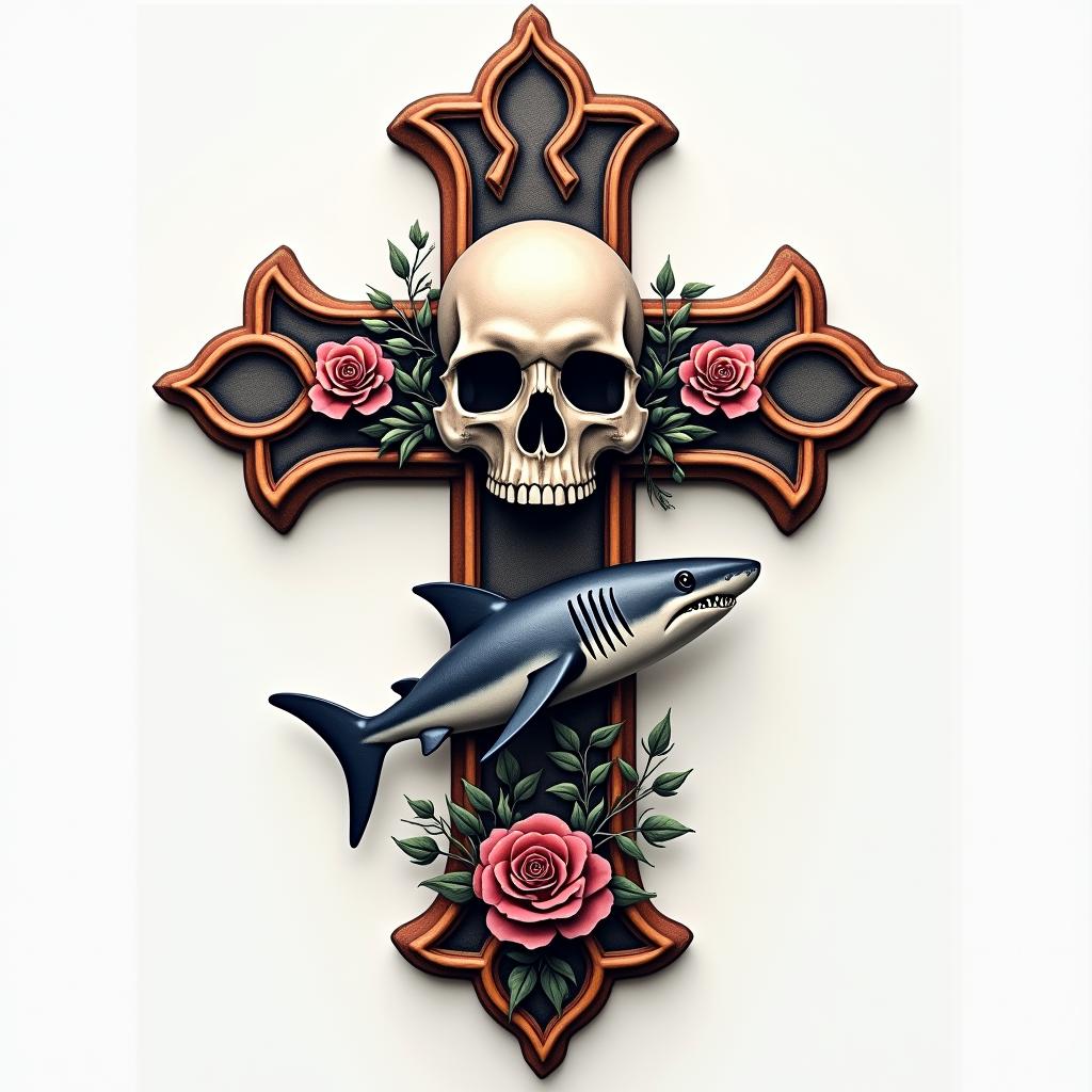 Cross decorated with skull and sharkin realism tattoo style, featuring a highly detailed, lifelike, capturing every detail, photorealistic, ultra realistic, intricate shading, smooth and sharp,   - Variation 3
