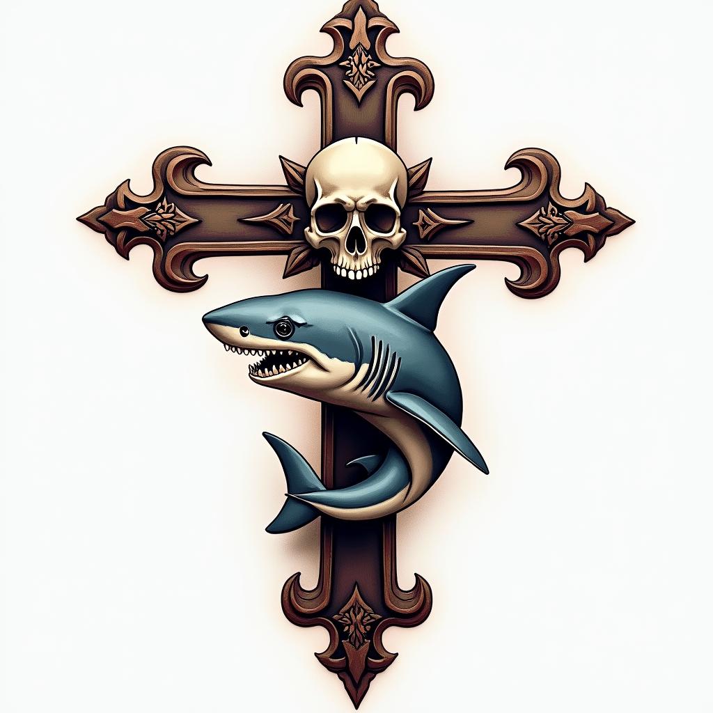 Cross decorated with skull and sharkin realism tattoo style, featuring a highly detailed, lifelike, capturing every detail, photorealistic, ultra realistic, intricate shading, smooth and sharp,   - Variation 2