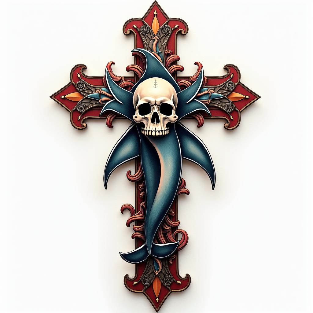 Cross decorated with skull and sharkin realism tattoo style, featuring a highly detailed, lifelike, capturing every detail, photorealistic, ultra realistic, intricate shading, smooth and sharp,   - Variation 4