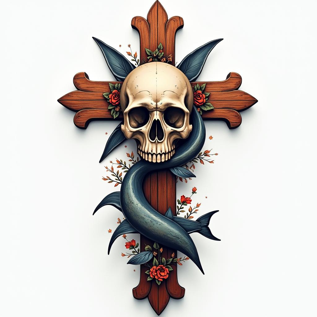 Cross decorated with skull and sharkin realism tattoo style, featuring a highly detailed, lifelike, capturing every detail, photorealistic, ultra realistic, intricate shading, smooth and sharp,  