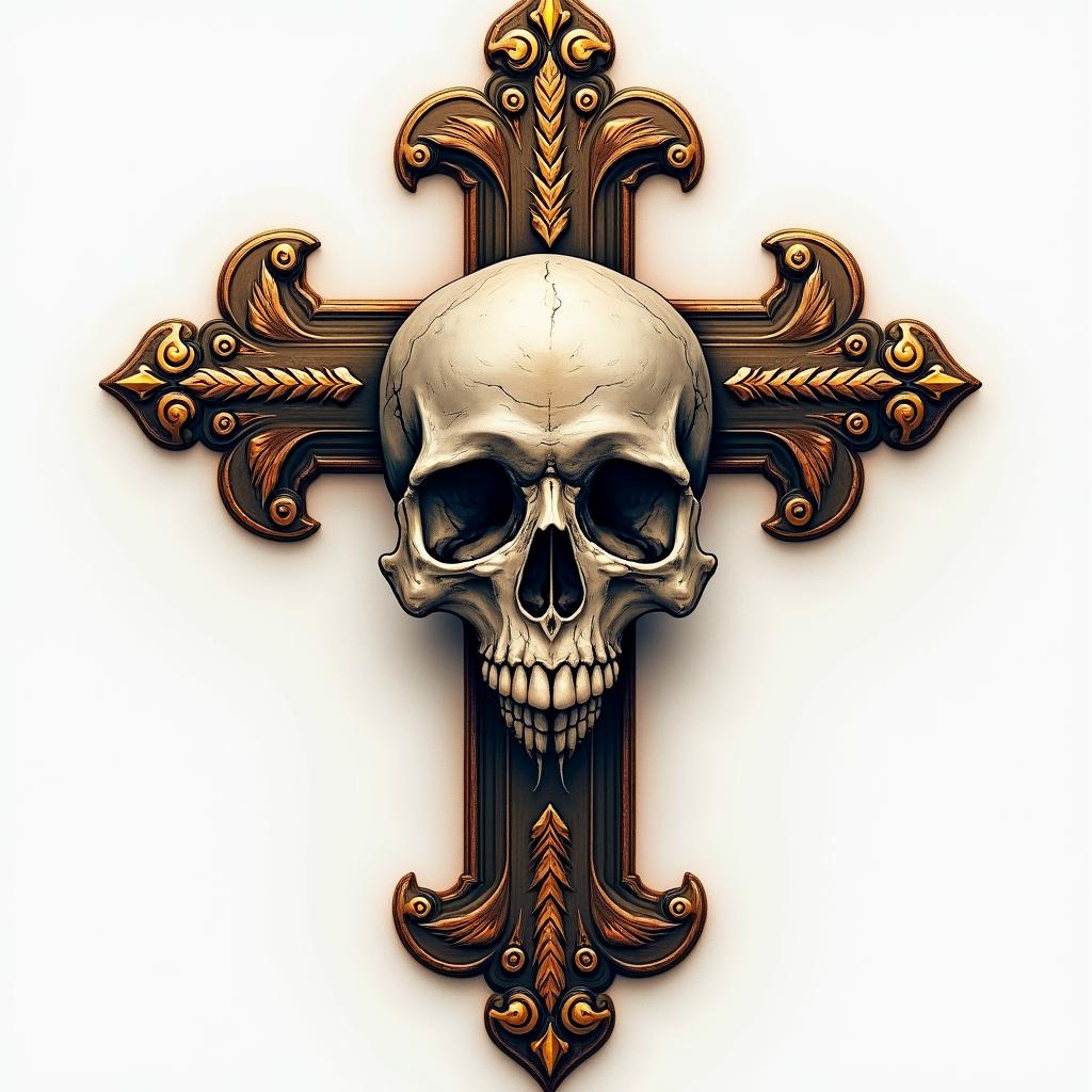 Baroque decorated cross with gold elements skullin realism tattoo style, featuring a highly detailed, lifelike, capturing every detail, photorealistic, ultra realistic, intricate shading, smooth and sharp,   - Variation 4
