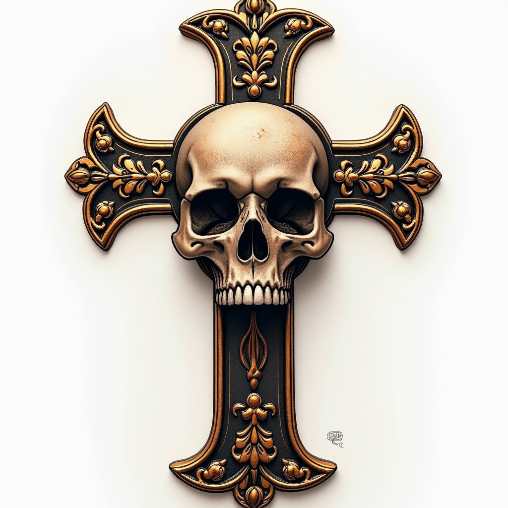 Baroque decorated cross with gold elements skullin realism tattoo style, featuring a highly detailed, lifelike, capturing every detail, photorealistic, ultra realistic, intricate shading, smooth and sharp,   - Variation 3