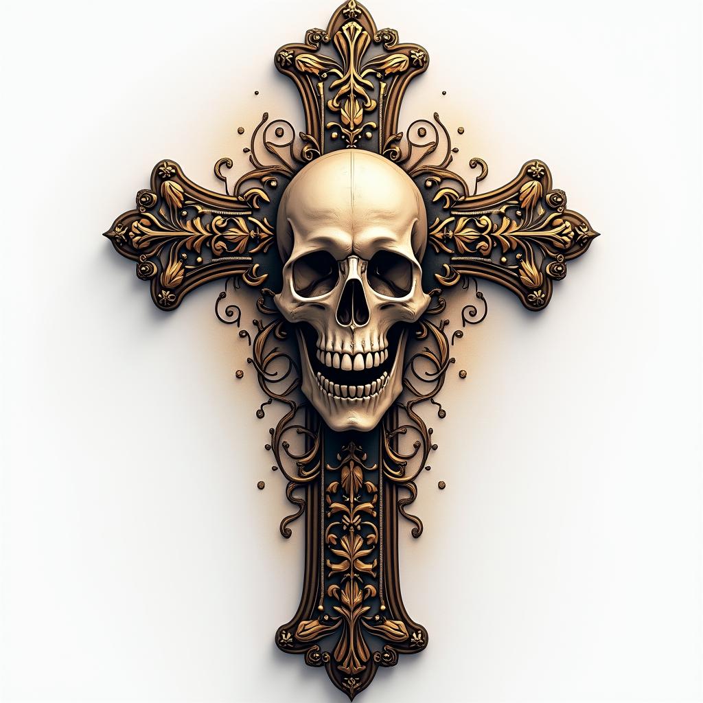 Baroque decorated cross with gold elements skullin realism tattoo style, featuring a highly detailed, lifelike, capturing every detail, photorealistic, ultra realistic, intricate shading, smooth and sharp,   - Variation 2