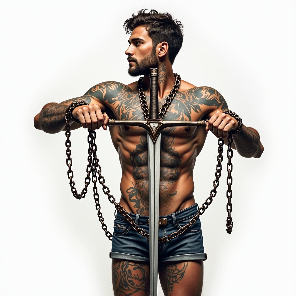 Cross adorned with chains and swordin realism tattoo style, featuring a highly detailed, lifelike, capturing every detail, photorealistic, ultra realistic, intricate shading, smooth and sharp,   - Variation 3