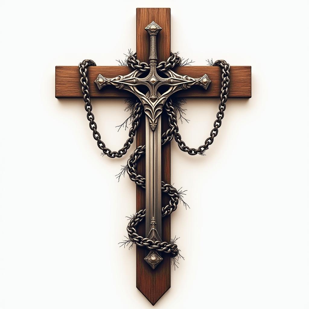 Cross adorned with chains and swordin realism tattoo style, featuring a highly detailed, lifelike, capturing every detail, photorealistic, ultra realistic, intricate shading, smooth and sharp,   - Variation 2