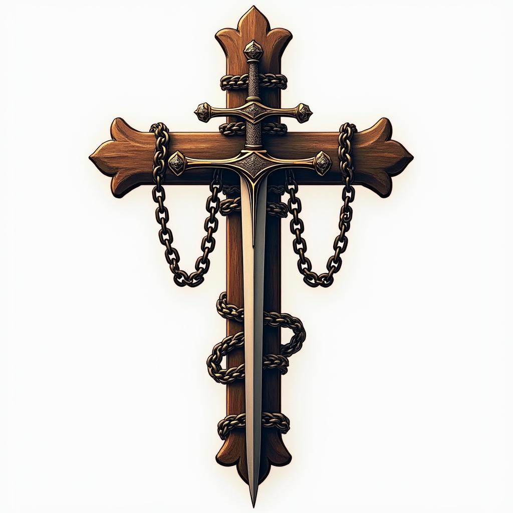 Cross adorned with chains and swordin realism tattoo style, featuring a highly detailed, lifelike, capturing every detail, photorealistic, ultra realistic, intricate shading, smooth and sharp,  