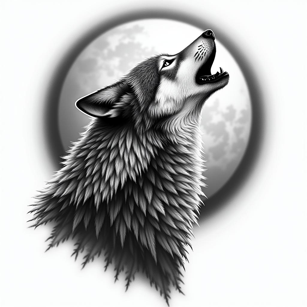 Howling wolf under a full moonhigly detailed tattoo - Variation 16