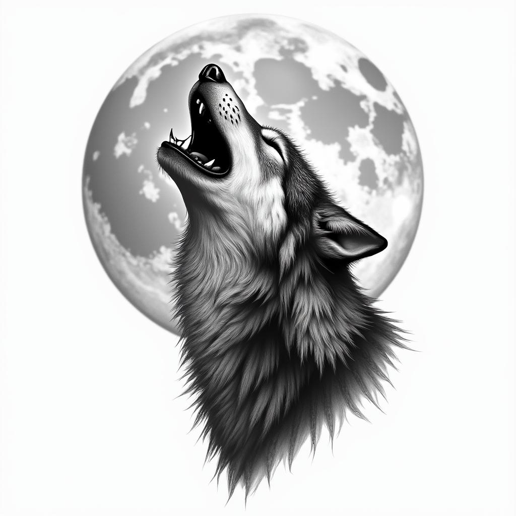 Howling wolf under a full moonhigly detailed tattoo - Variation 14