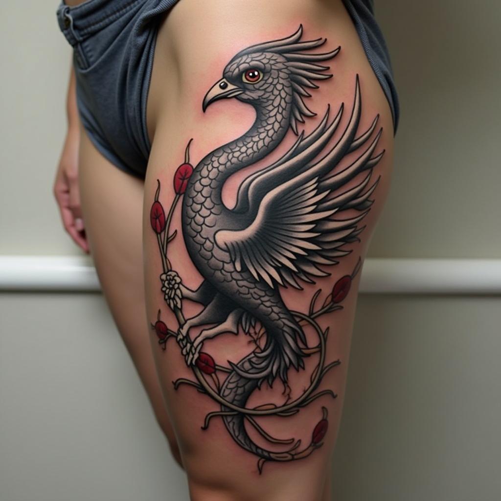 Phoenixin authentic tattoo style, incorporating traditional modifications, bold black outlines, solid color fills, featuring classic authentic elements - Variation 3