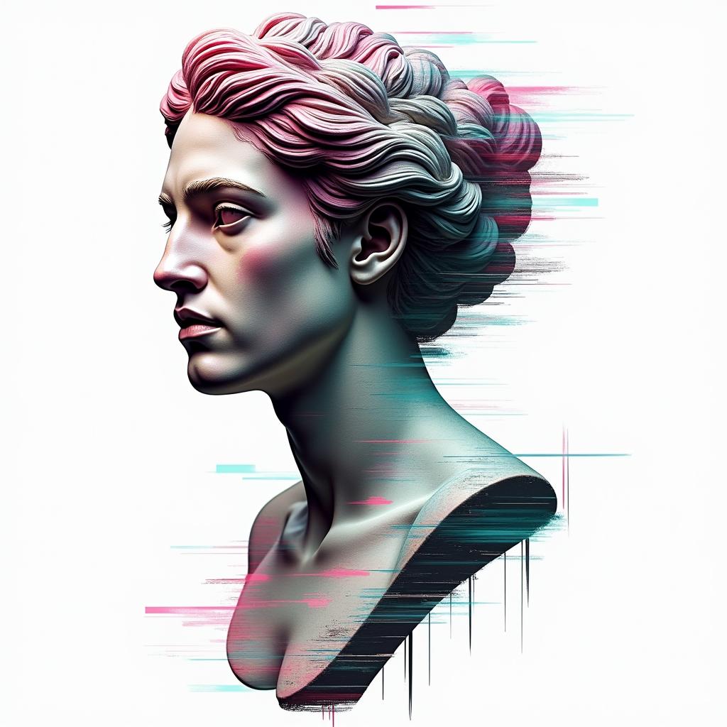 Qwashawn,Aries, 
Brooklynin distorted and fragmented tattoo design, featuring a classical statue bust, in a glitch art style with vibrant, overlapping colors of cyan, magenta, and yellow, creating a digital distortion effect - Variation 7