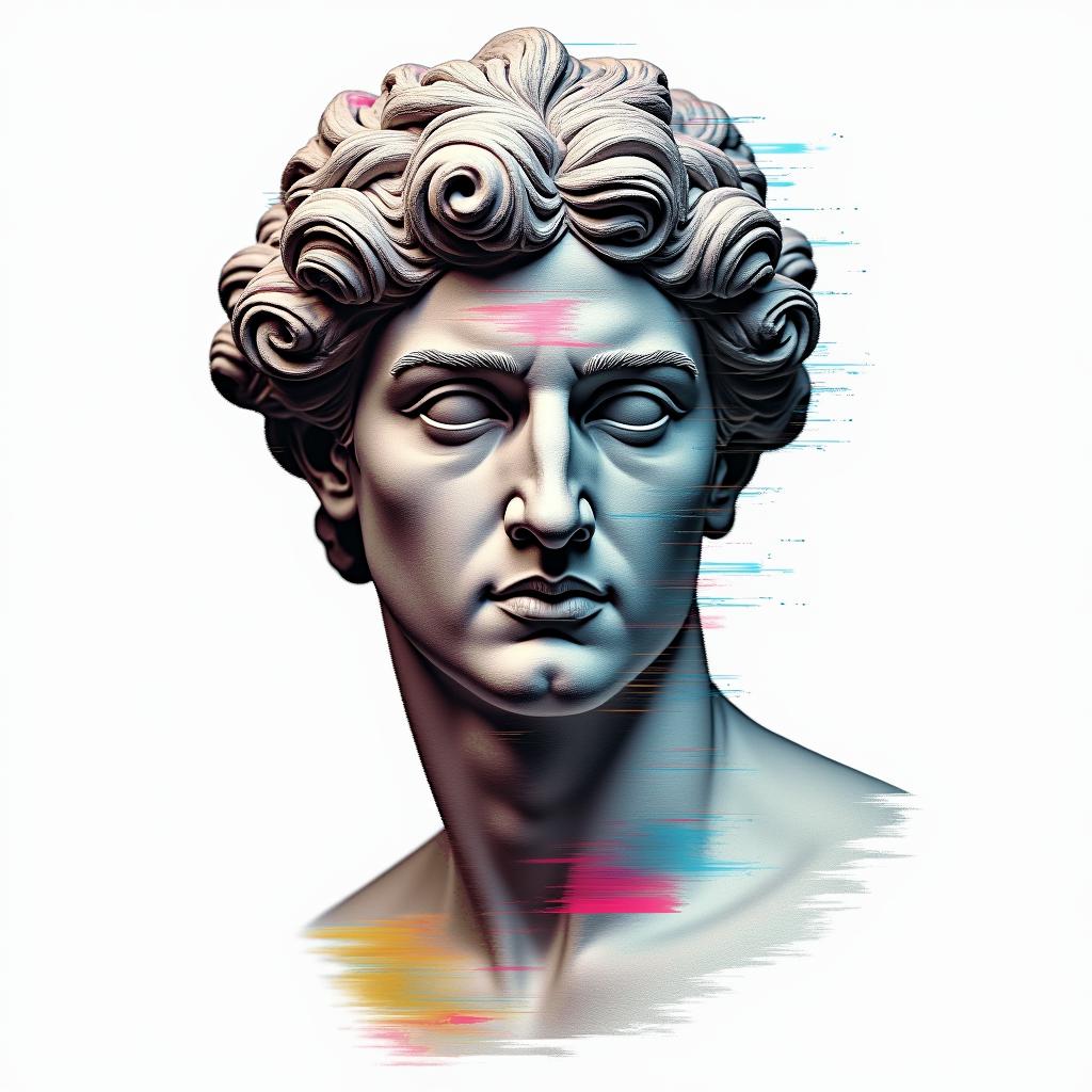 Qwashawn,Aries, 
Brooklynin distorted and fragmented tattoo design, featuring a classical statue bust, in a glitch art style with vibrant, overlapping colors of cyan, magenta, and yellow, creating a digital distortion effect