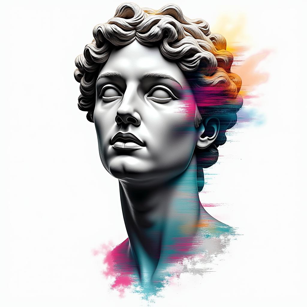 Qwashawn,Aries, 
Brooklynin distorted and fragmented tattoo design, featuring a classical statue bust, in a glitch art style with vibrant, overlapping colors of cyan, magenta, and yellow, creating a digital distortion effect - Variation 8
