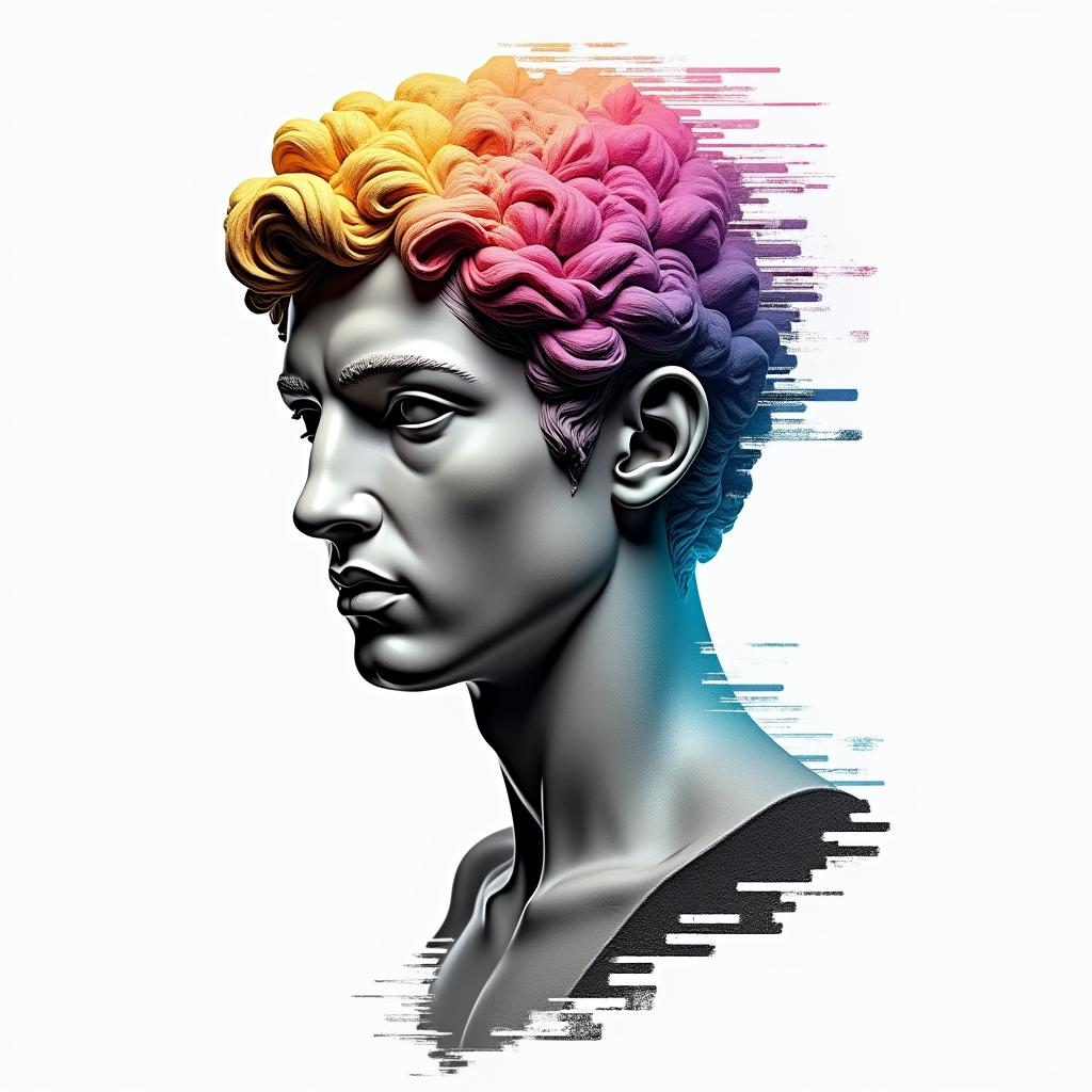 Qwashawn,Aries, 
Brooklynin distorted and fragmented tattoo design, featuring a classical statue bust, in a glitch art style with vibrant, overlapping colors of cyan, magenta, and yellow, creating a digital distortion effect - Variation 4