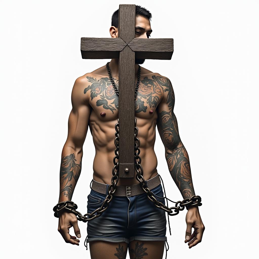 Cross adorned with chains bound and sunk into the ground.in realism tattoo style, featuring a highly detailed, lifelike, capturing every detail, photorealistic, ultra realistic, intricate shading, smooth and sharp,   - Variation 4
