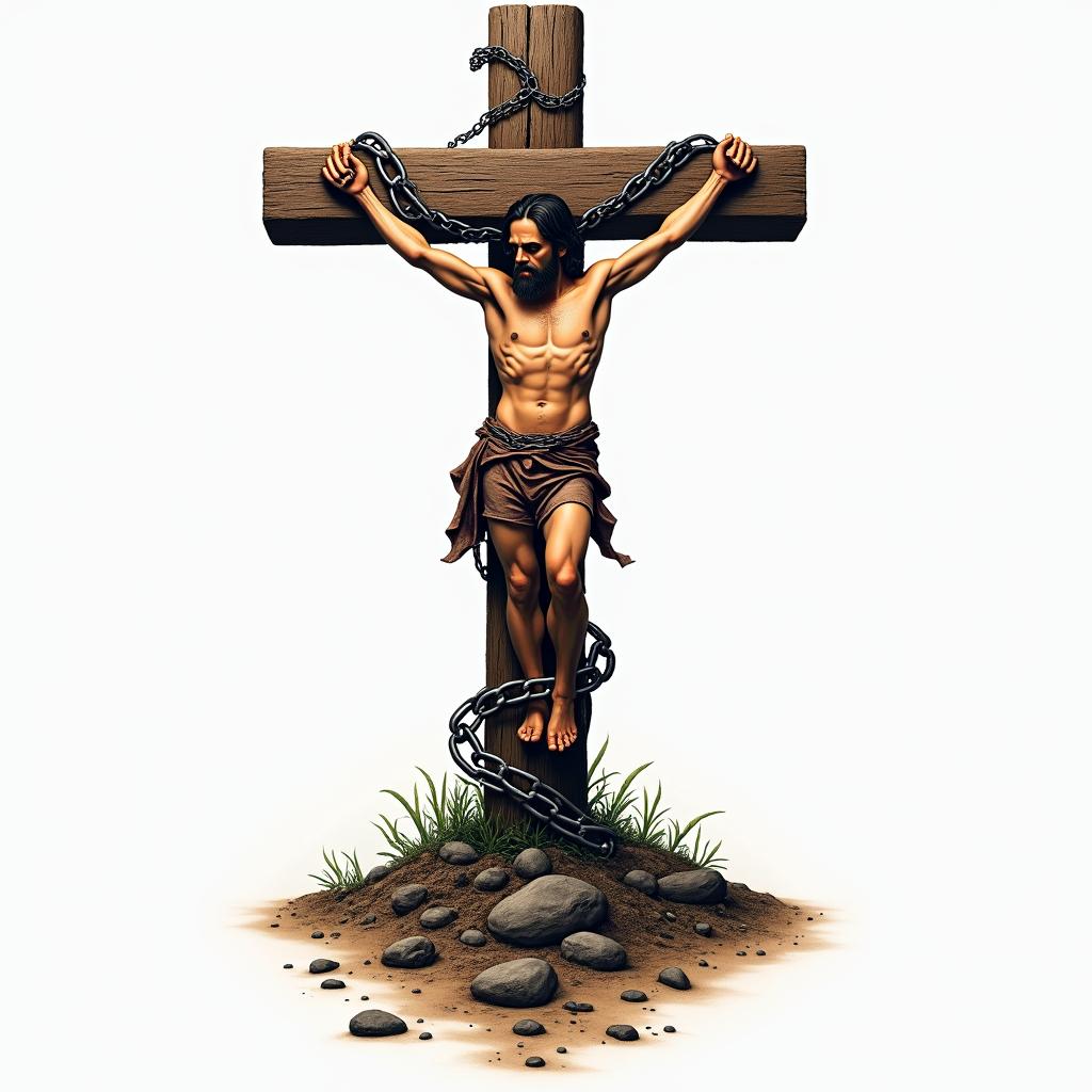 Cross adorned with chains bound and sunk into the ground.in realism tattoo style, featuring a highly detailed, lifelike, capturing every detail, photorealistic, ultra realistic, intricate shading, smooth and sharp,   - Variation 2