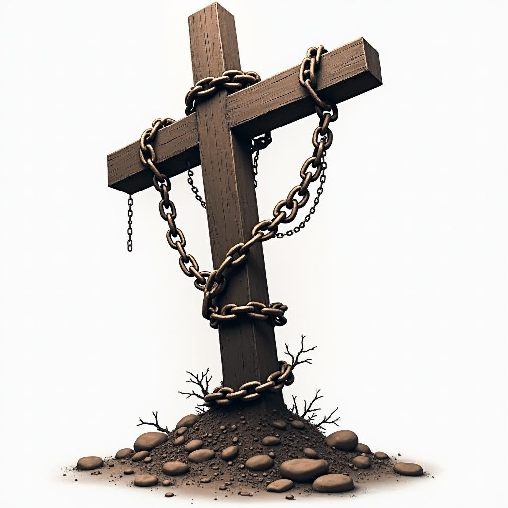 Cross adorned with chains bound and sunk into the ground.in realism tattoo style, featuring a highly detailed, lifelike, capturing every detail, photorealistic, ultra realistic, intricate shading, smooth and sharp,   - Variation 3