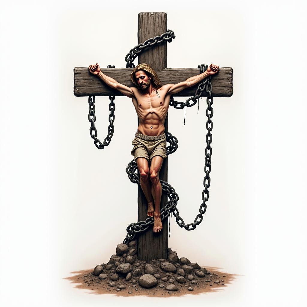 Cross adorned with chains bound and sunk into the ground.in realism tattoo style, featuring a highly detailed, lifelike, capturing every detail, photorealistic, ultra realistic, intricate shading, smooth and sharp,  