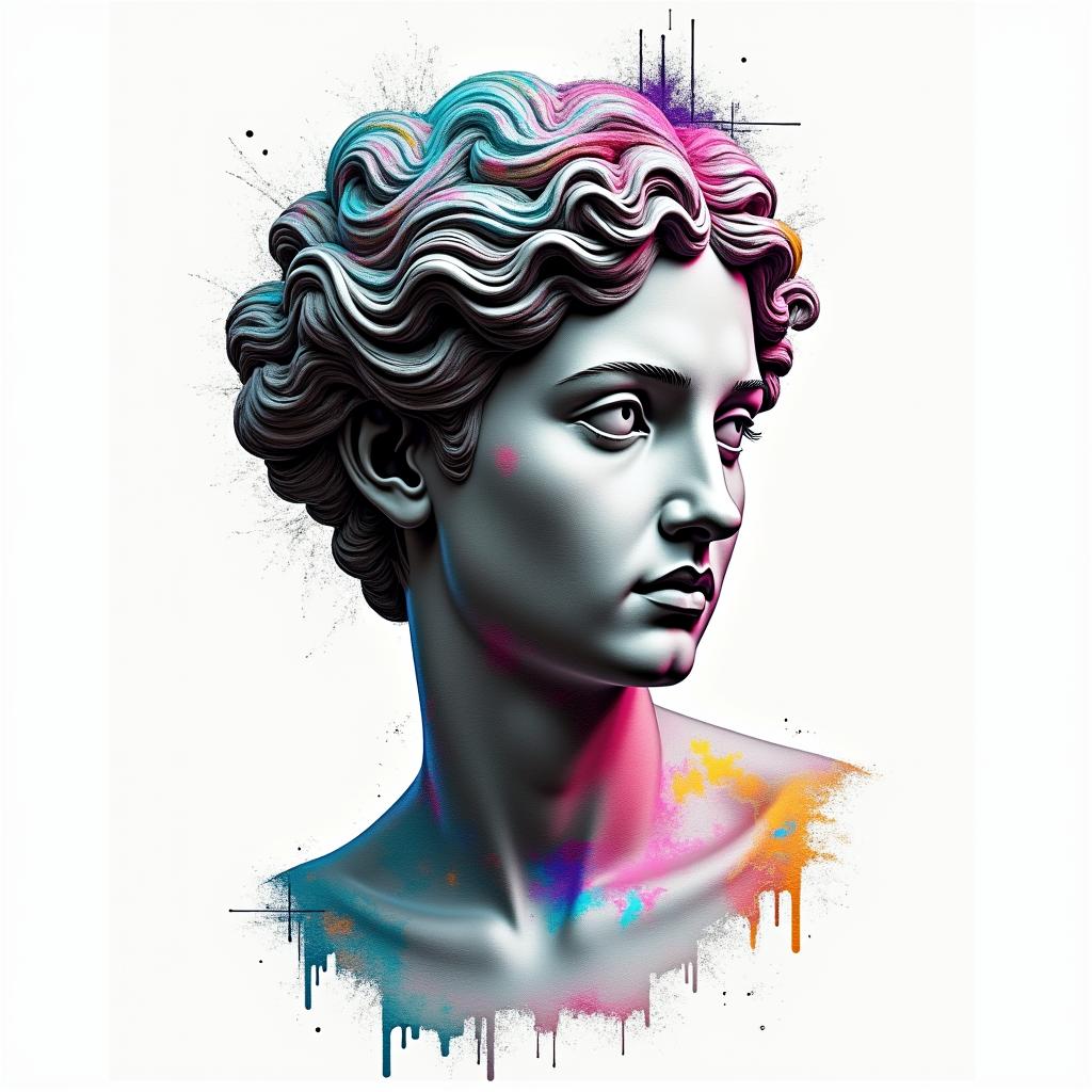 Qwashawn,Aries, 
Brooklynin distorted and fragmented tattoo design, featuring a classical statue bust, in a glitch art style with vibrant, overlapping colors of cyan, magenta, and yellow, creating a digital distortion effect - Variation 6