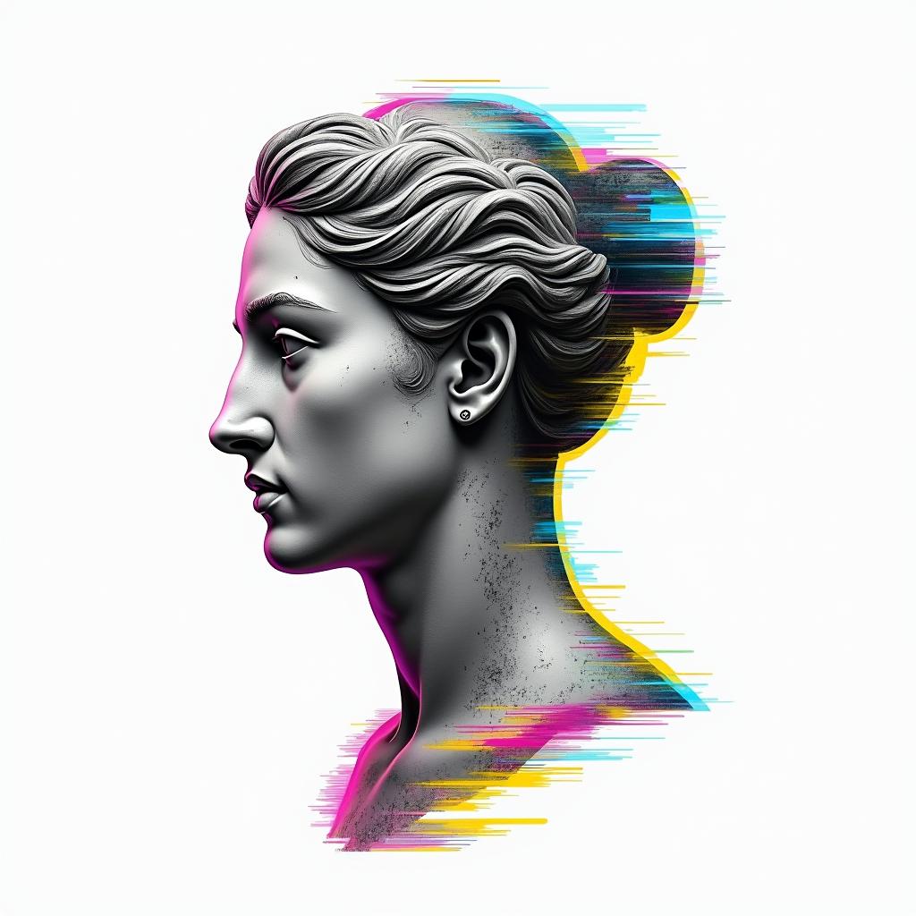 Qwashawn,Aries, 
Brooklynin distorted and fragmented tattoo design, featuring a classical statue bust, in a glitch art style with vibrant, overlapping colors of cyan, magenta, and yellow, creating a digital distortion effect - Variation 3