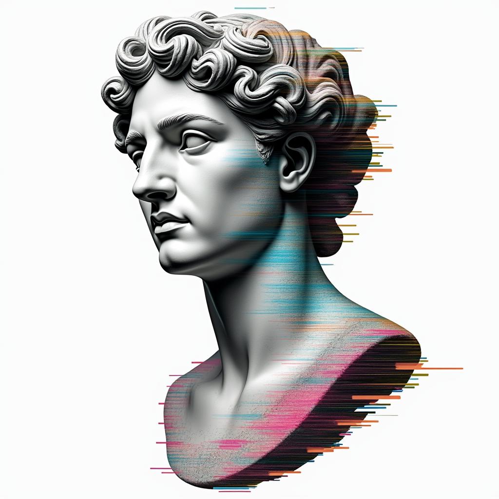 Qwashawn,Aries, 
Brooklynin distorted and fragmented tattoo design, featuring a classical statue bust, in a glitch art style with vibrant, overlapping colors of cyan, magenta, and yellow, creating a digital distortion effect - Variation 5