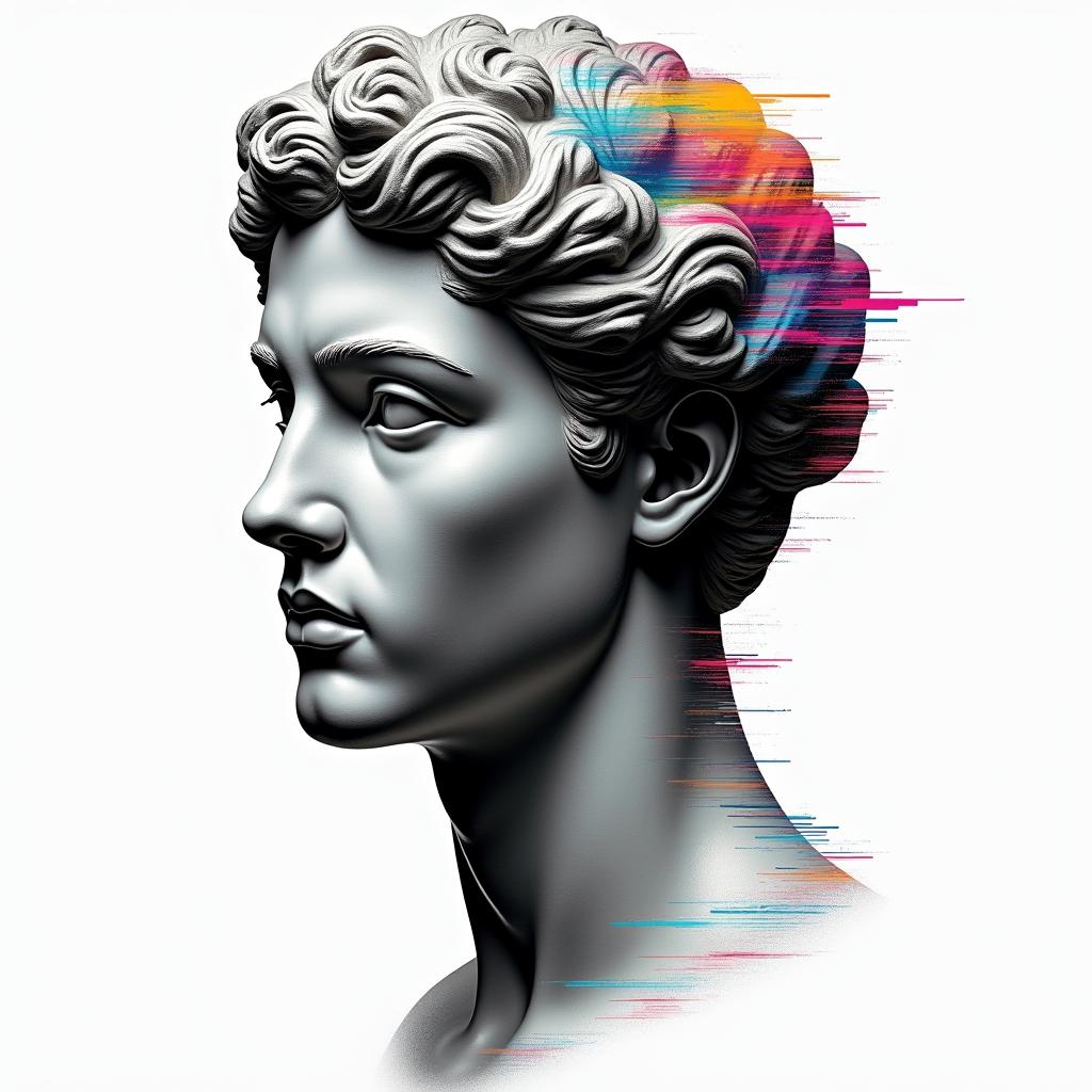 Qwashawn,Aries, 
Brooklynin distorted and fragmented tattoo design, featuring a classical statue bust, in a glitch art style with vibrant, overlapping colors of cyan, magenta, and yellow, creating a digital distortion effect - Variation 2