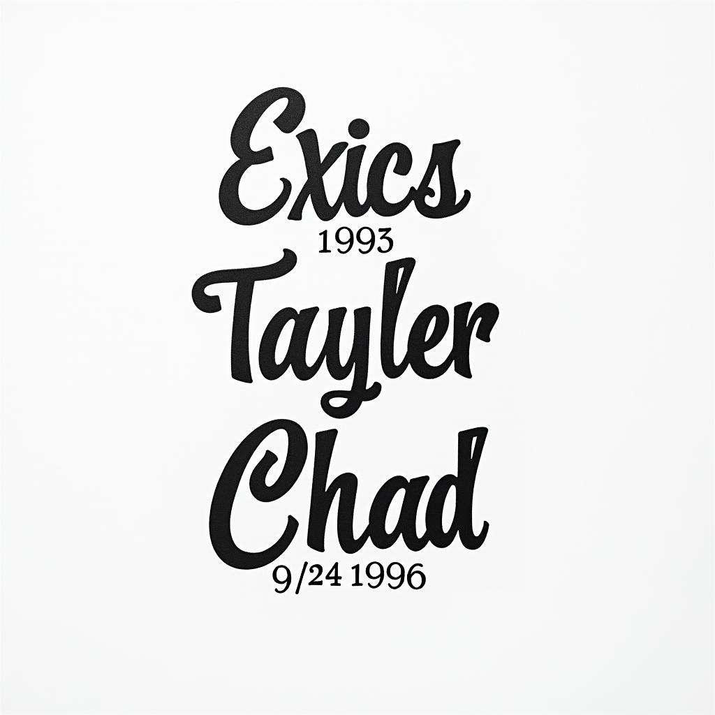 Design a tattoo with my kids names in a really loose short font with their birthdates underneath in Roman numerals Eric 9/7/1993, Taylor 9/18/1996, Chad 6/24/2003higly detailed tattoo - Variation 3