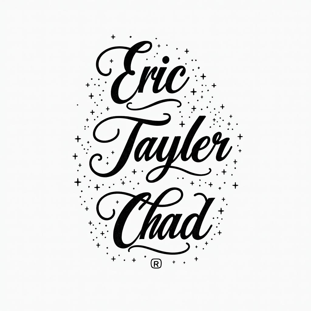 Design a tattoo with my kids names in a really loose short font with their birthdates underneath in Roman numerals Eric 9/7/1993, Taylor 9/18/1996, Chad 6/24/2003higly detailed tattoo - Variation 4