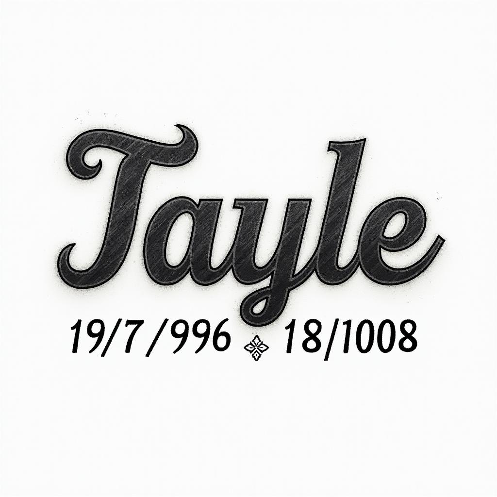 Design a tattoo with my kids names in a really loose short font with their birthdates underneath in Roman numerals Eric 9/7/1993, Taylor 9/18/1996, Chad 6/24/2003higly detailed tattoo - Variation 2