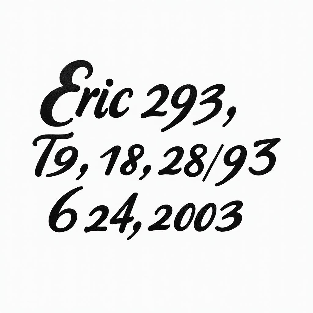 Design a tattoo with my kids names in a really loose short font with their birthdates underneath in Roman numerals Eric 9/7/1993, Taylor 9/18/1996, Chad 6/24/2003higly detailed tattoo