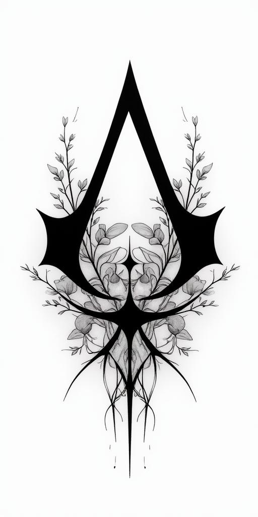 Assassins creed mixed with flowers and bloodin Modest style tattoo, featuring soft, delicate line work with simple and meaningful symbols, gentle waves, a heart, evoking a sense of serenity and grace, - Variation 3