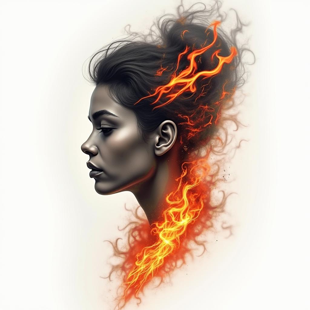 Jhenn, Leoin flame tattoo style showcasing fiery elements with dynamic flame patterns, glowing effect of flames, natural colors - Variation 1
