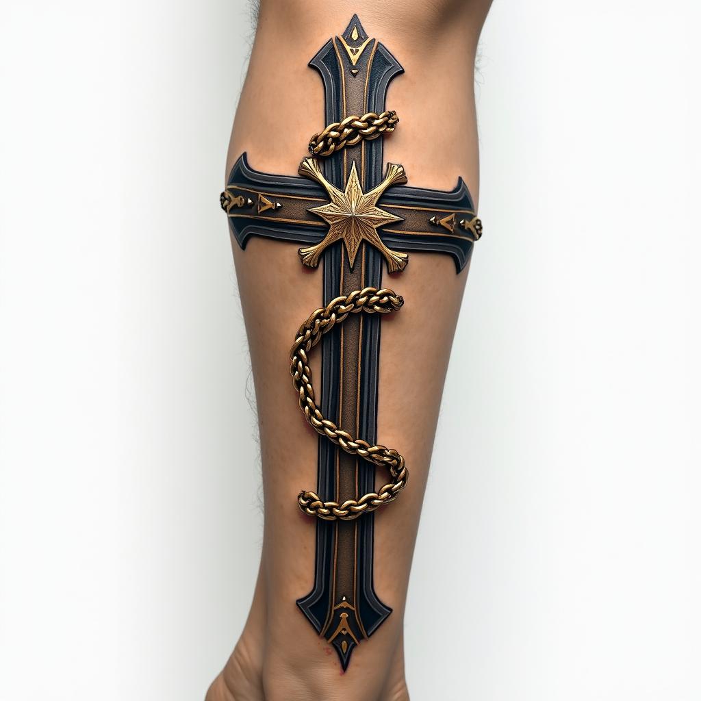Cross decorated with gold chainin realism tattoo style, featuring a highly detailed, lifelike, capturing every detail, photorealistic, ultra realistic, intricate shading, smooth and sharp,   - Variation 2