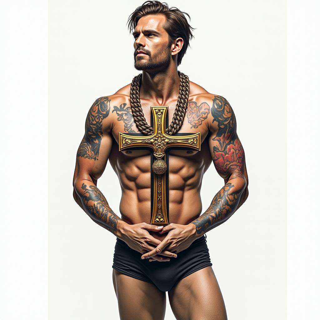 Cross decorated with gold chainin realism tattoo style, featuring a highly detailed, lifelike, capturing every detail, photorealistic, ultra realistic, intricate shading, smooth and sharp,  