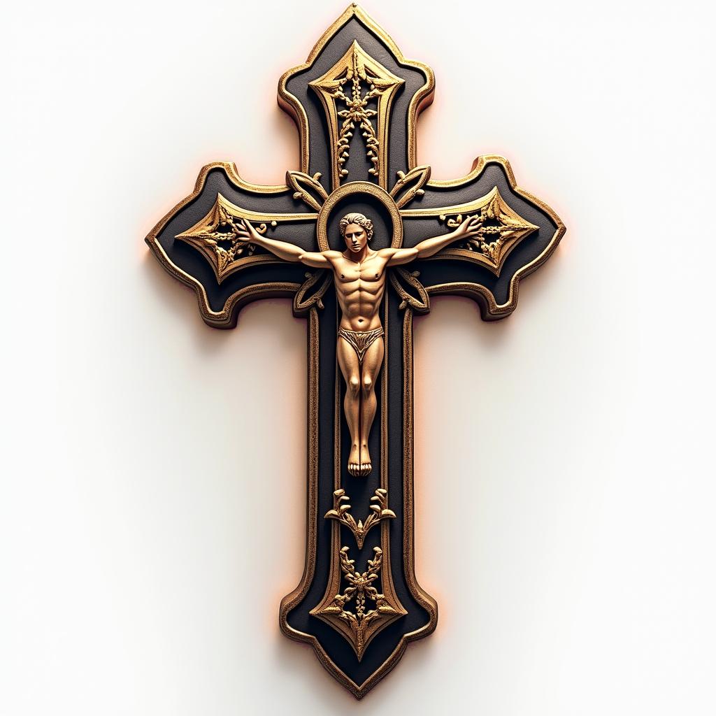 Cross decorated with gold chainin realism tattoo style, featuring a highly detailed, lifelike, capturing every detail, photorealistic, ultra realistic, intricate shading, smooth and sharp,   - Variation 3