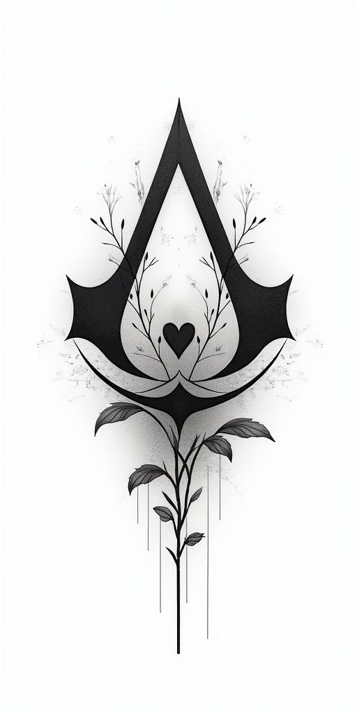 Assassins creed mixed with flowers and bloodin Modest style tattoo, featuring soft, delicate line work with simple and meaningful symbols, gentle waves, a heart, evoking a sense of serenity and grace, - Variation 2