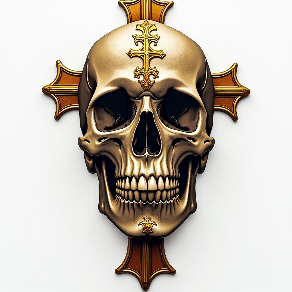 Cross decorated skull goldin realism tattoo style, featuring a highly detailed, lifelike, capturing every detail, photorealistic, ultra realistic, intricate shading, smooth and sharp,   - Variation 3