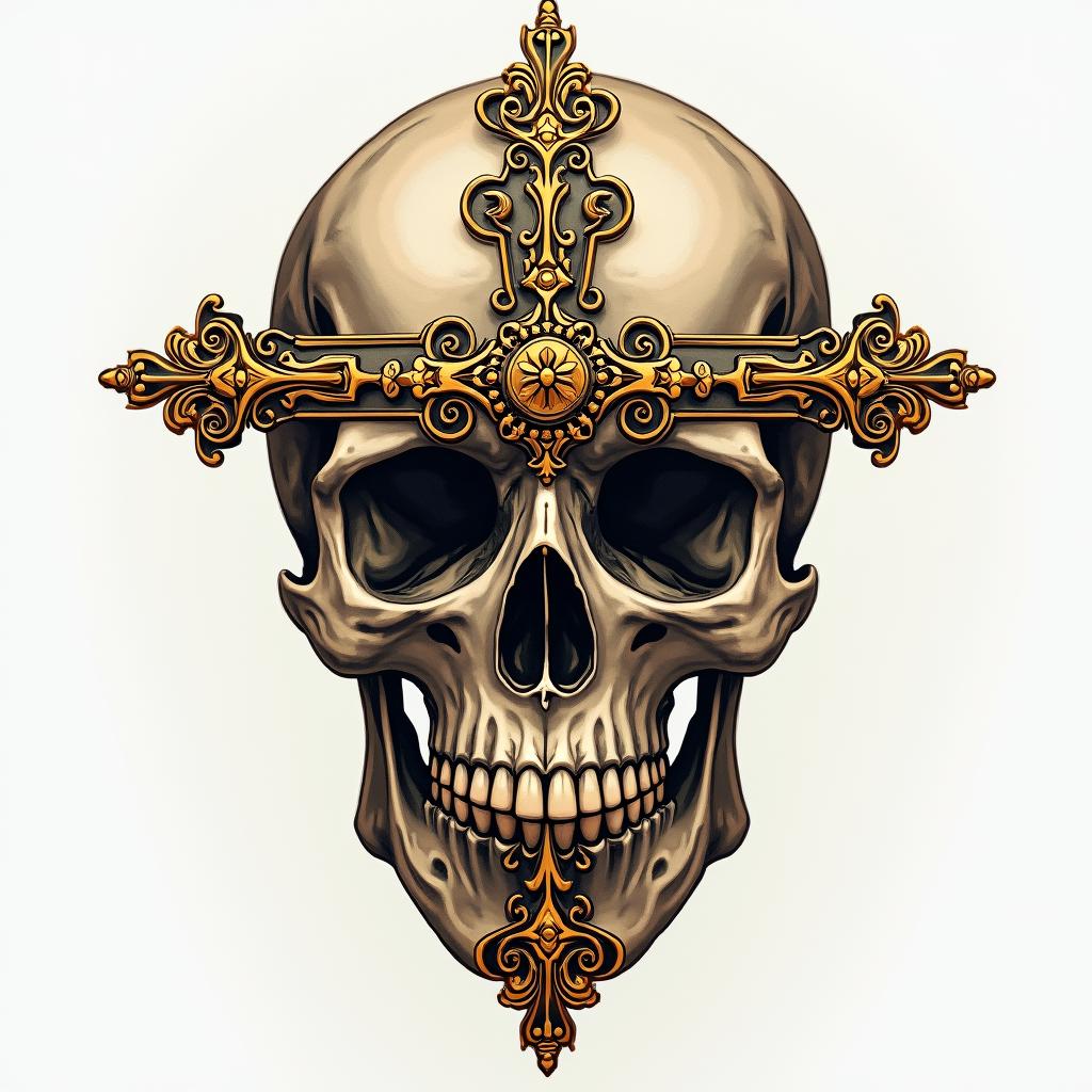 Cross decorated skull goldin realism tattoo style, featuring a highly detailed, lifelike, capturing every detail, photorealistic, ultra realistic, intricate shading, smooth and sharp,   - Variation 4