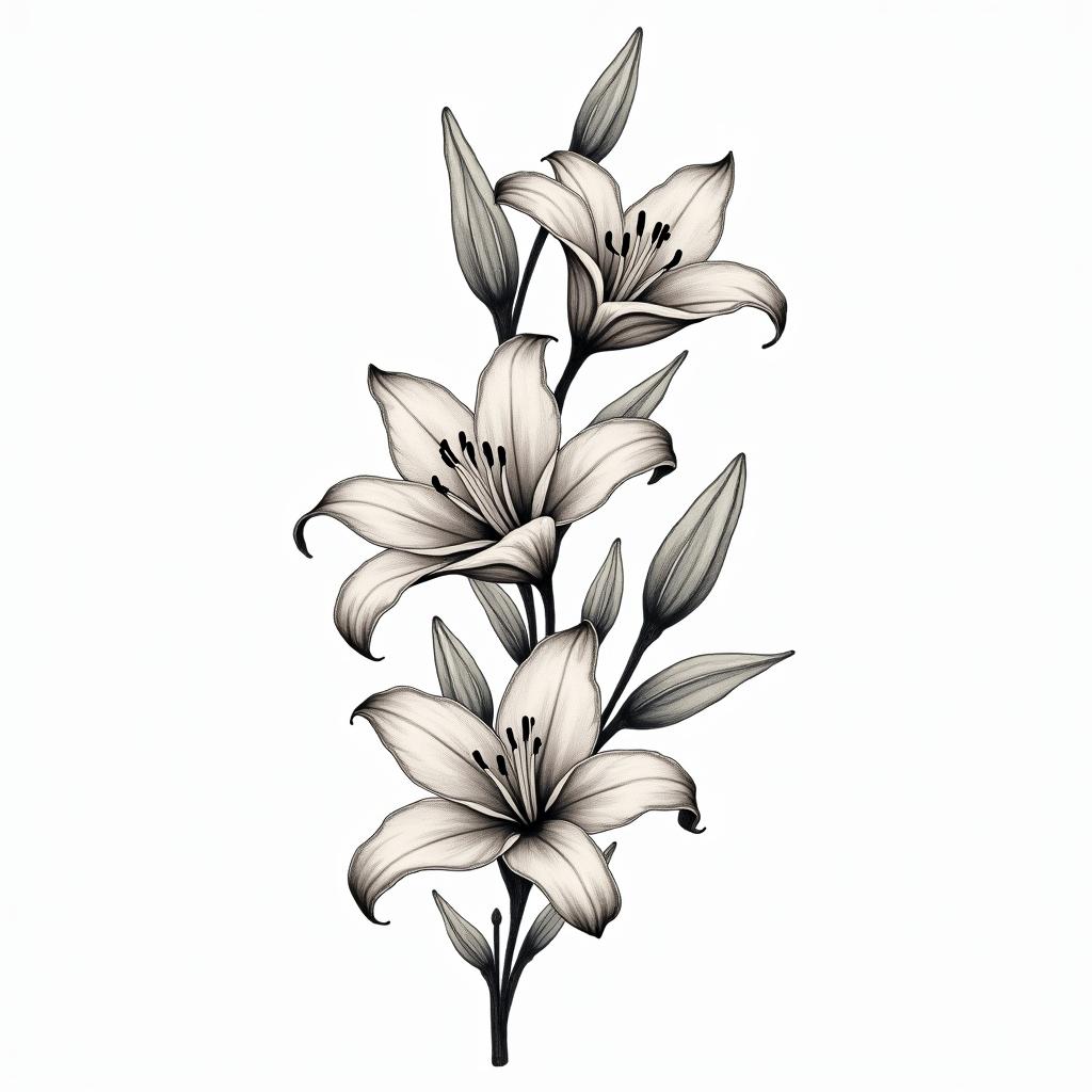 A traditional tattoo design featuring elegant lilies and leaves, showcasing the beauty of the flowers with intricate detailing. The lilies should symbolize purity and renewal, arranged artistically to create a graceful and sophisticated look. The color palette can include soft, natural colors to enhance the elegant aesthetic while maintaining a classic style.higly detailed tattoo - Variation 2